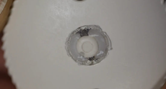 Close-up of pacifier lock with visible tooth impressions and scraping. Fully bitten over nipple likely caused by a teething child biting.